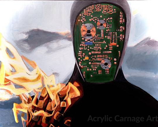 My painting of Guy-Man’s character from the film, Electroma. This is my second in a set I did to paint the robots from the Human After All. Acrylic on canvas, 16” x 20”. (Progress pics in the comments)