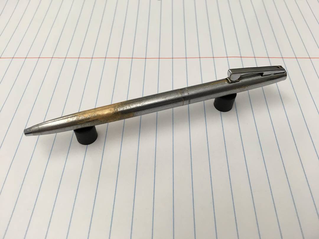 My Sheaffer Reminder ballpoint pen. This has been in my pocket every weekday for the last 15 years. It used to belong to my grand-father. I know he used it because the brass was already starting to wear through when I got it. They still make the refills for it.