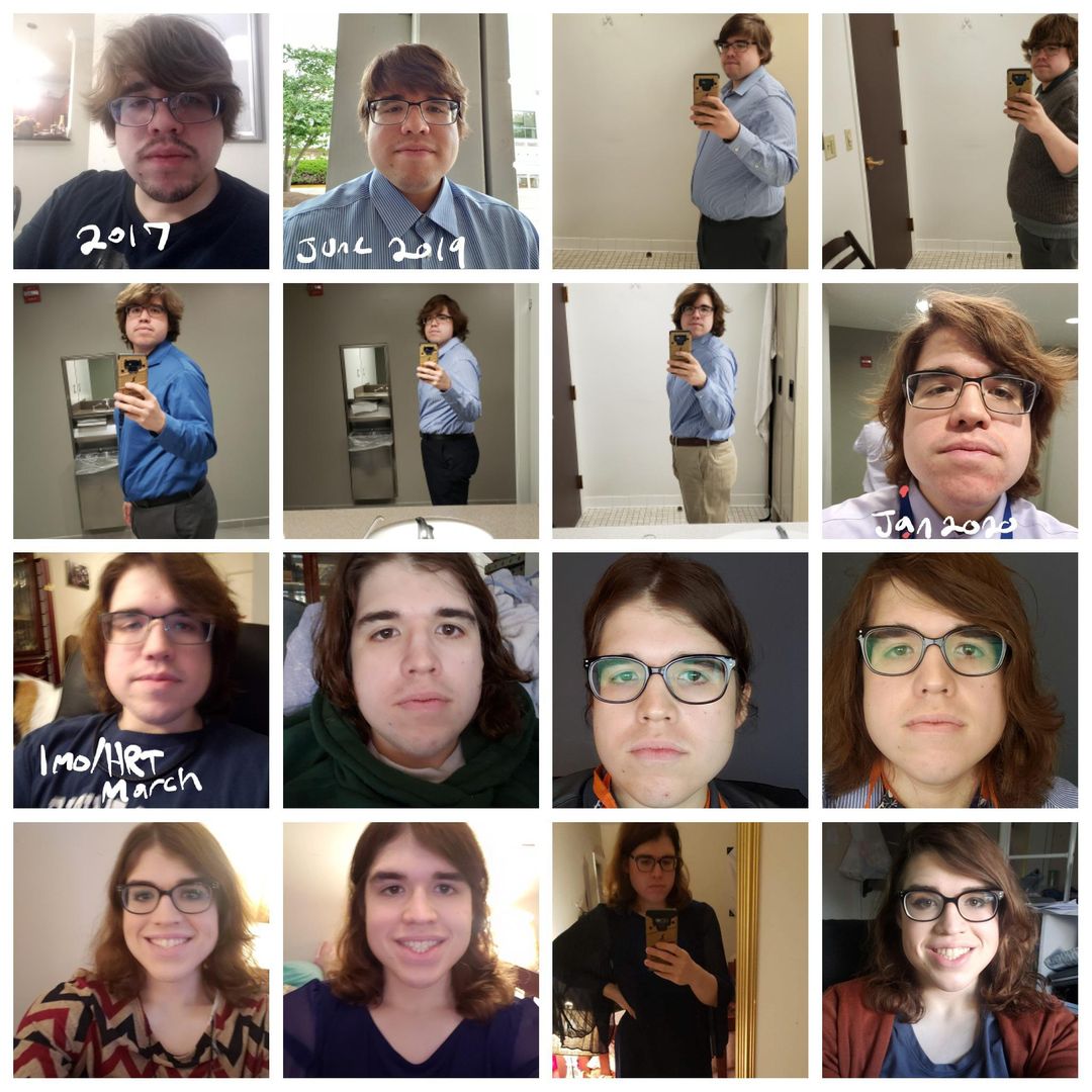My weight loss/transition timeline. 9/mo consistent HRT is the last picture.