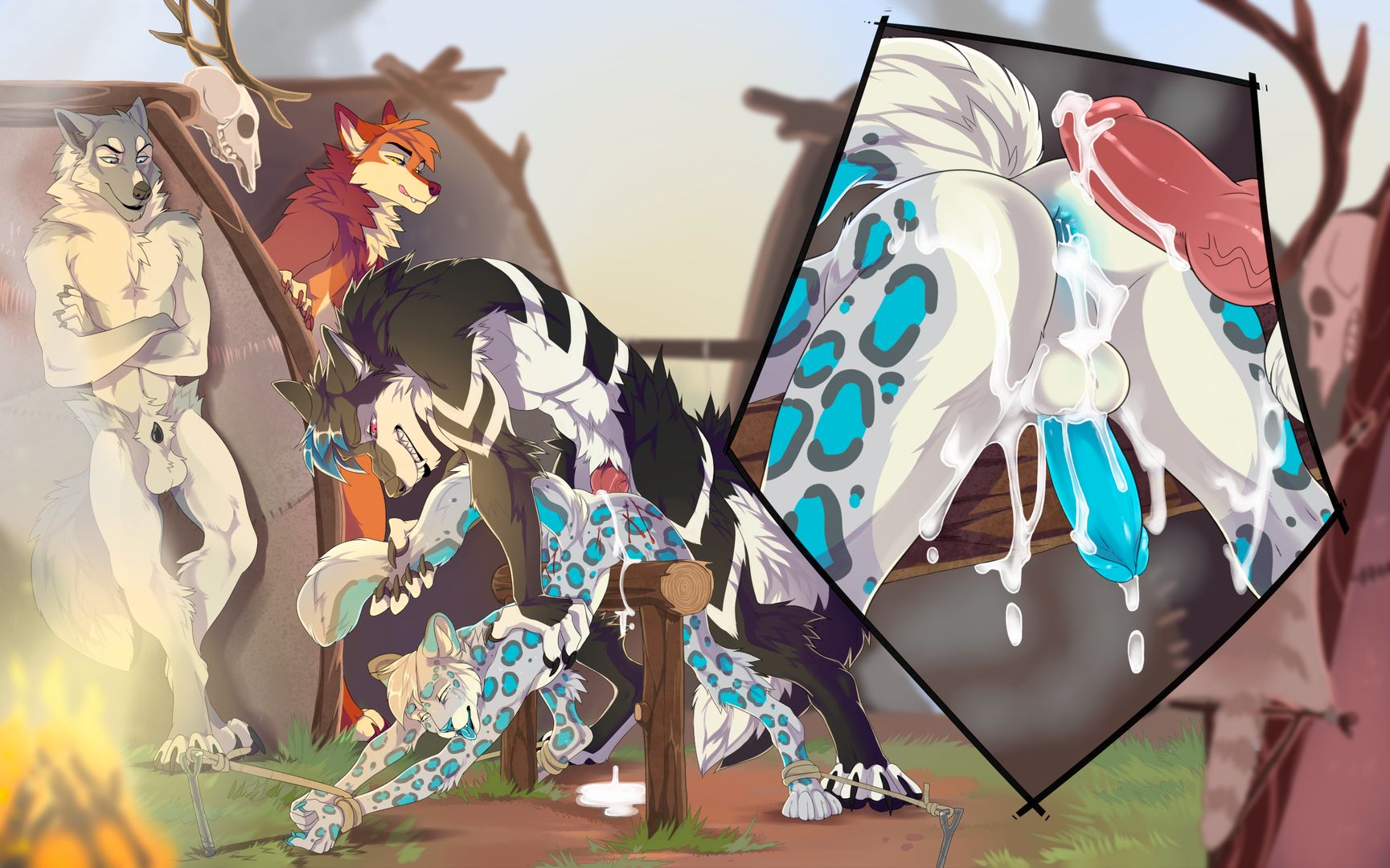 Yiff art of muscular anthropomorphic wolves in a camp setting, featuring bondage and a creampie.