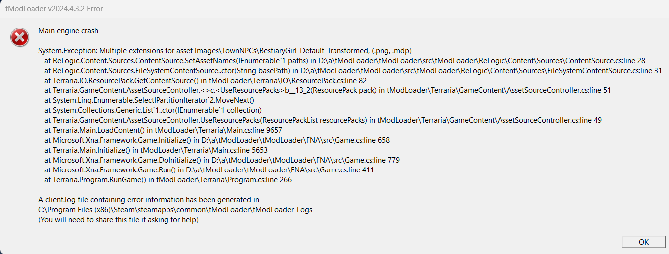 need help, tmodloader crashing for unknown reason(already disabled all texture packs)