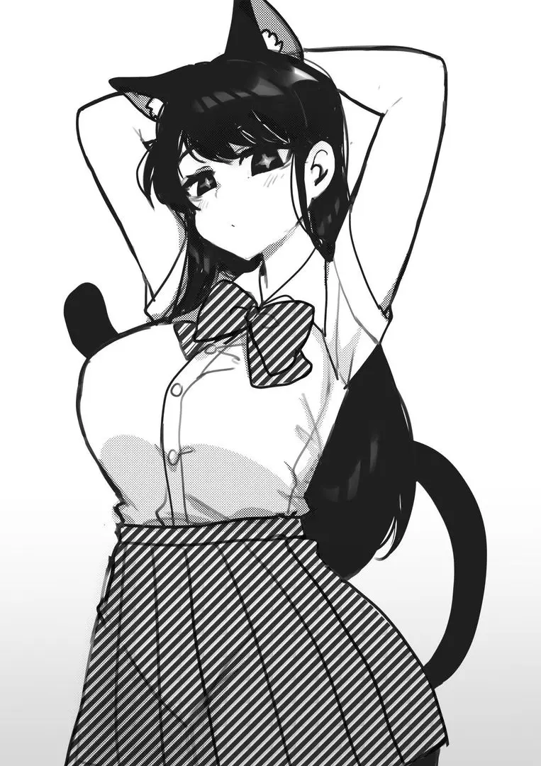 Neko Komi in a black and white anime style, featuring cat ears, a tail, and a school uniform with a plaid skirt.