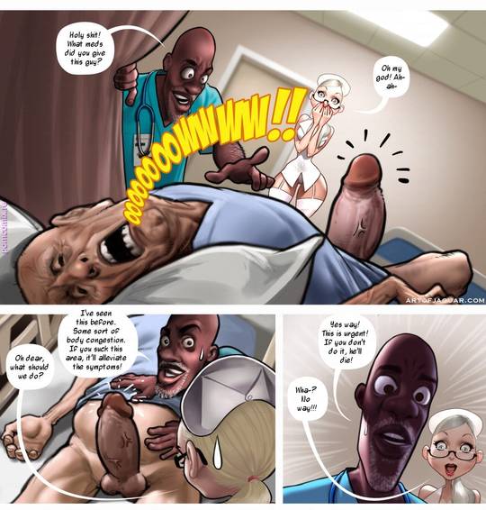 Nurse Sarah in a sexy nurse outfit with a muscular black doctor and an elderly patient in a hospital setting.