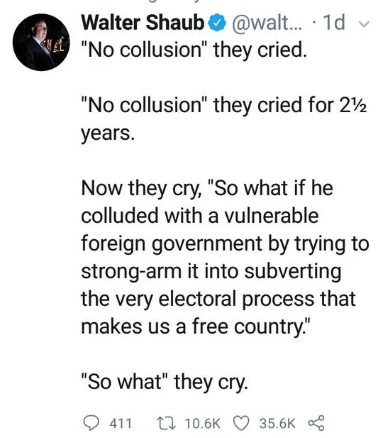 Walter Shaub in a suit and tie in a Twitter text post about political collusion