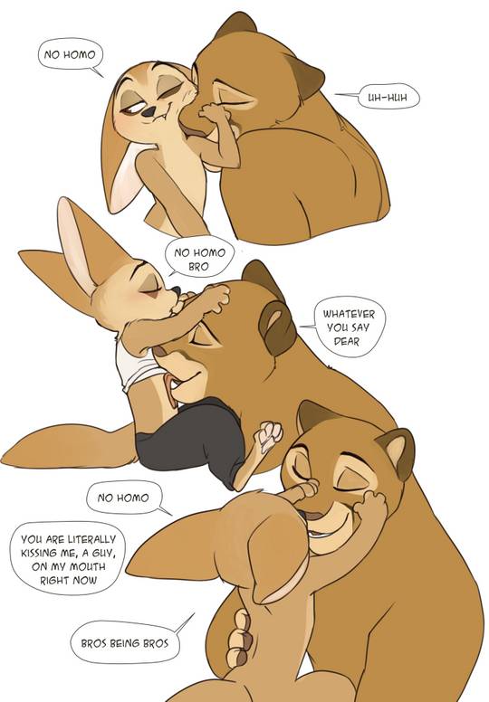 Yiff comic of two anthropomorphic men kissing and cuddling while joking 'no homo'.