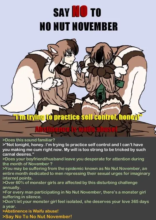 Monster girls in an anime meme arguing against No Nut November with a long greentext caption.