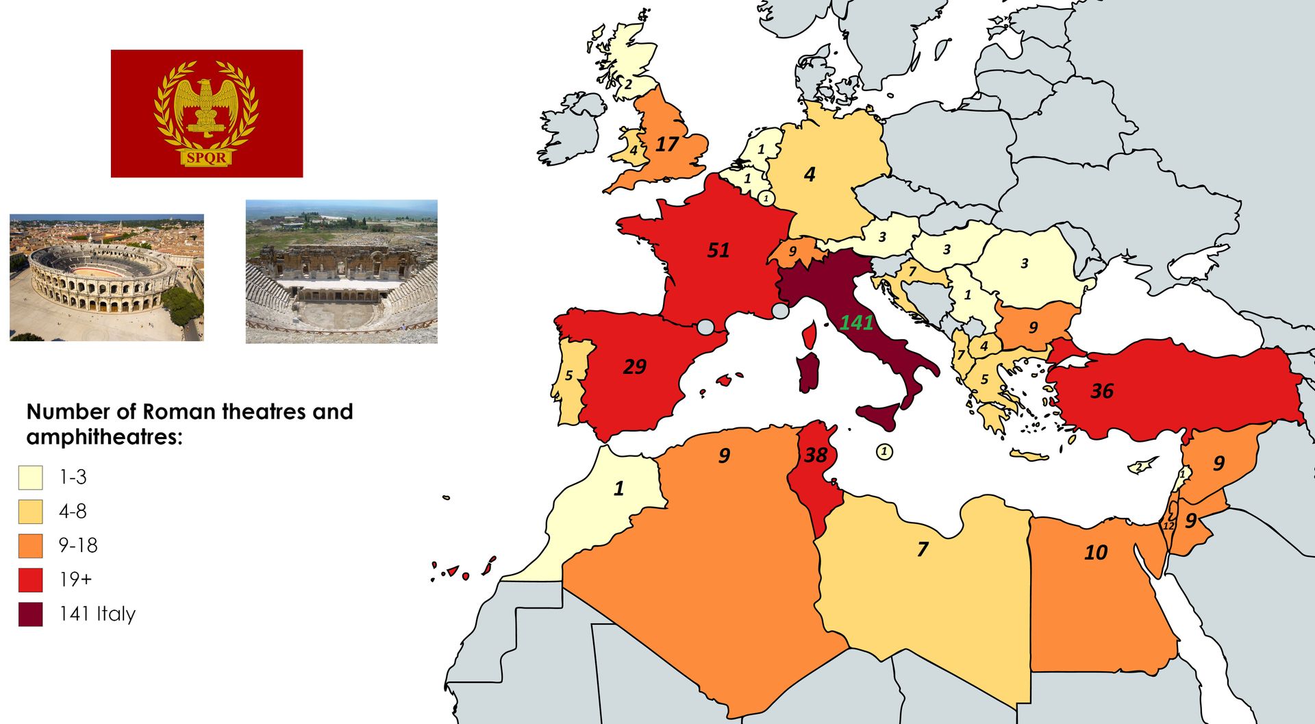 Number of Roman Theatres and Amphitheatres per country.