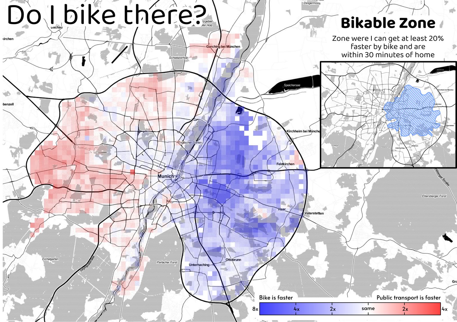[OC] I've made a heatmap of the travel times from my home to any point in Munich comparing bike and public transport.
