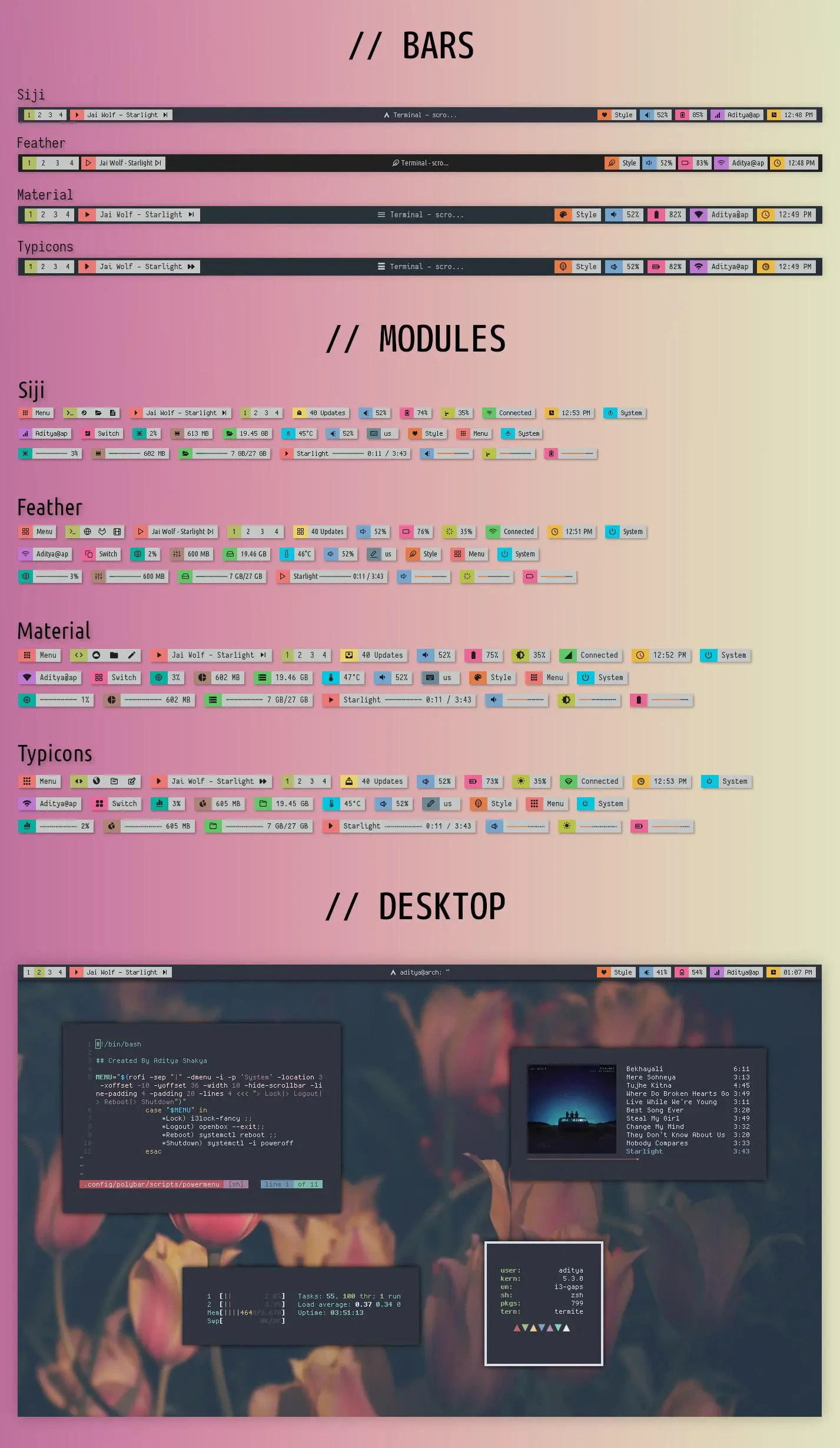 [OC] [Polybar] Polybar V8 // Polybar Themes // 4 Styles // Siji ...