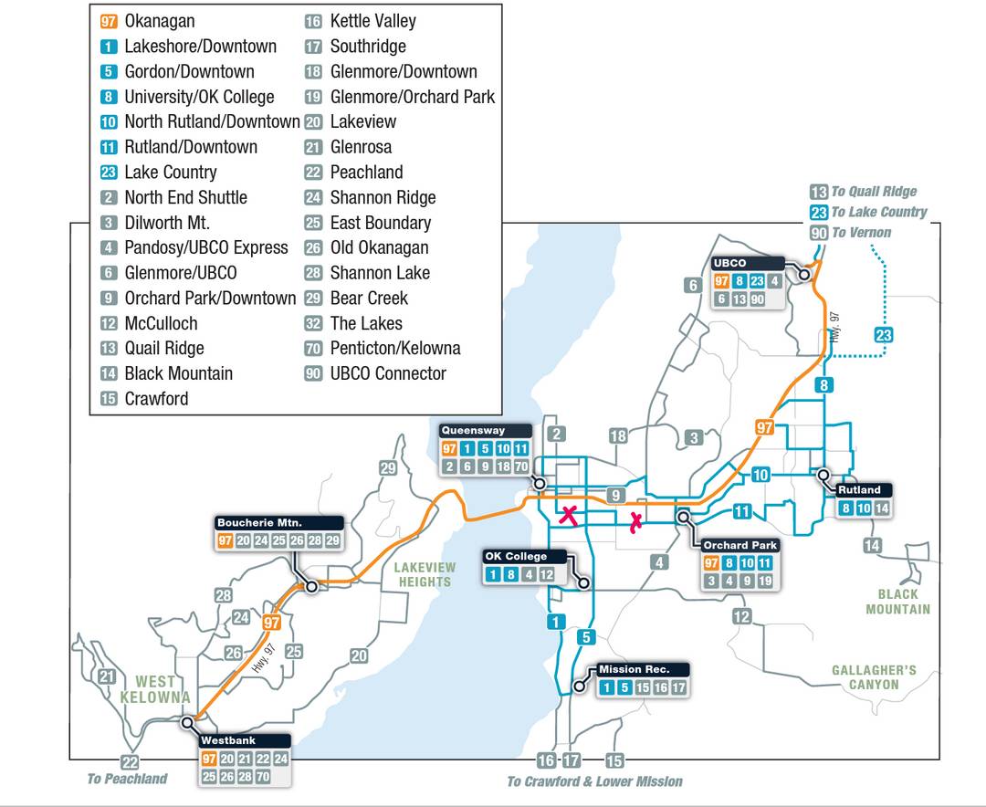 Official BC Transit map of Kelowna bus network is completely useless. I'm trying to travel between two red X marked on the map and absolutely cannot figure out which bus number to take without going to individual bus routes and finding actual street names and route paths. Why would they even bother?