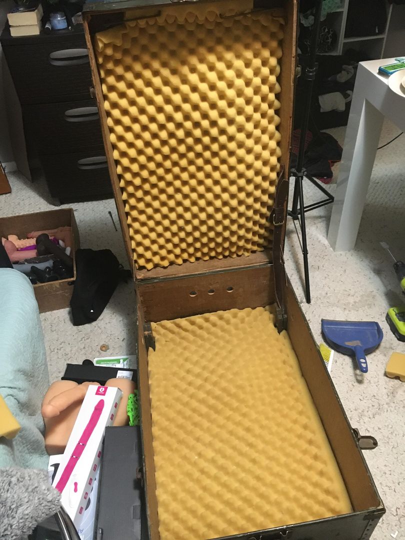 Old trunk I’m turning into a confinement box. Sub can fit inside in fetal position and it latches closed. I drilled some air holes and added some slight padding. It also stores my toys when a sub isn’t in it.