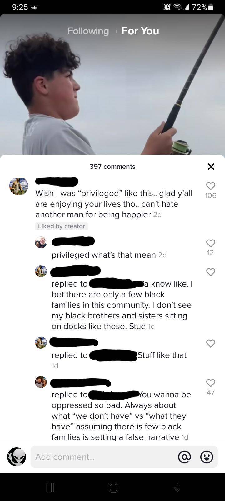 On Tik Tok. Oh look, a couple of white kids fishing. Better make it all about racial inequality.