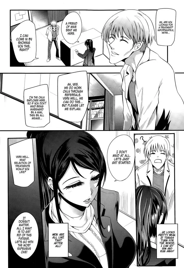 Otochichi manga featuring a busty asian woman in a business suit and a white-haired acupuncturist in a clinic