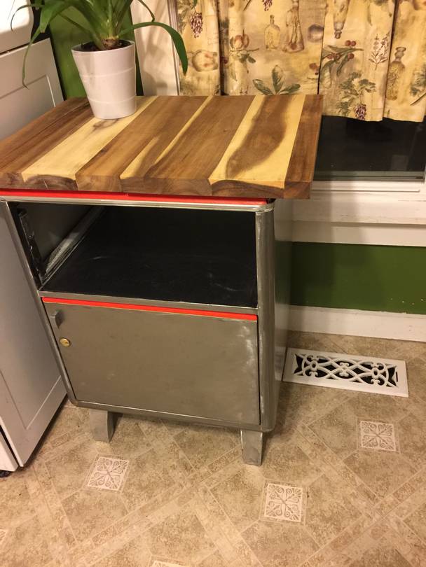 Our new kitchen island. A repurposed metal cabinet from the 70's.