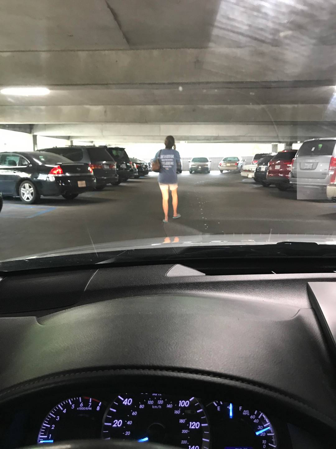 People that walk down the middle of the parking garage at a snail's pace while blocking you from passing them.