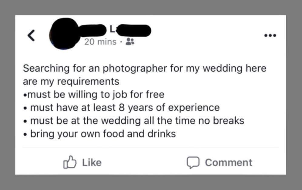 Photographer needs 8 years experience and to work for free