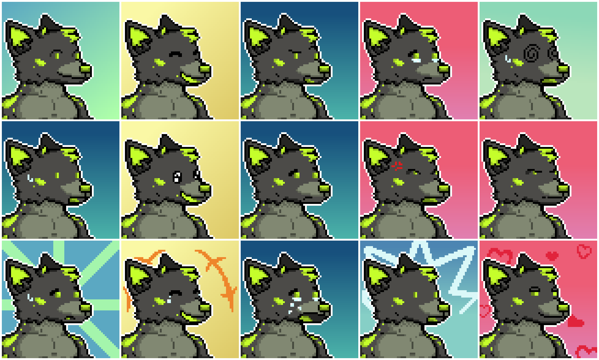 Pixel Art Commissions open :) pokemon mystery dungeon style emotes. $20 for 1 row of 5, or $40 for all 3 rows!