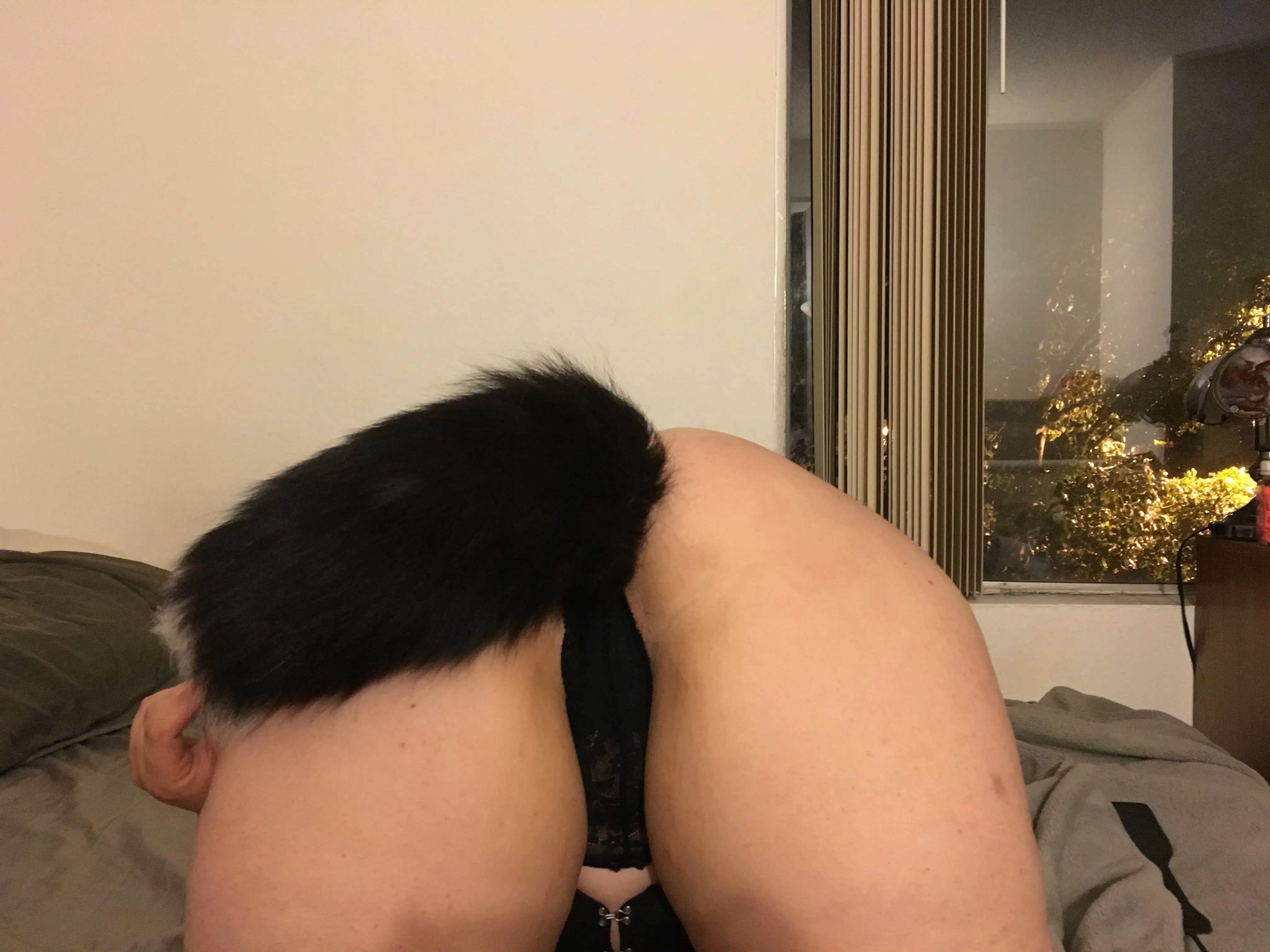Curvy white woman with long black hair wearing black lingerie and a tail plug, bending over on a bed.