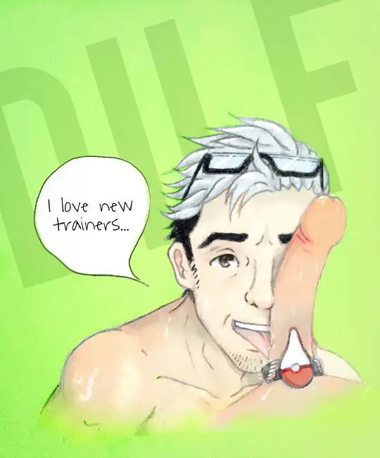 Professor Willow from Pokemon GO in gay hentai fan art featuring muscular build and penis piercings