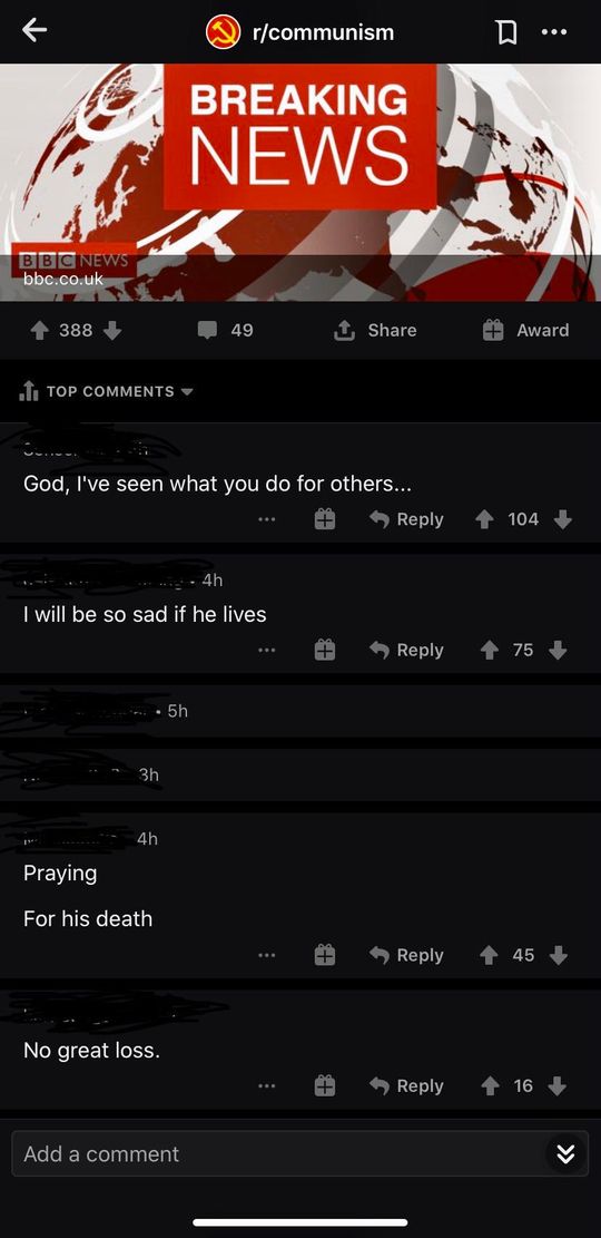 r/communism celebrating British Prime Minister Boris Johnson being put into intensive care with the coronavirus, some even wishing for his death