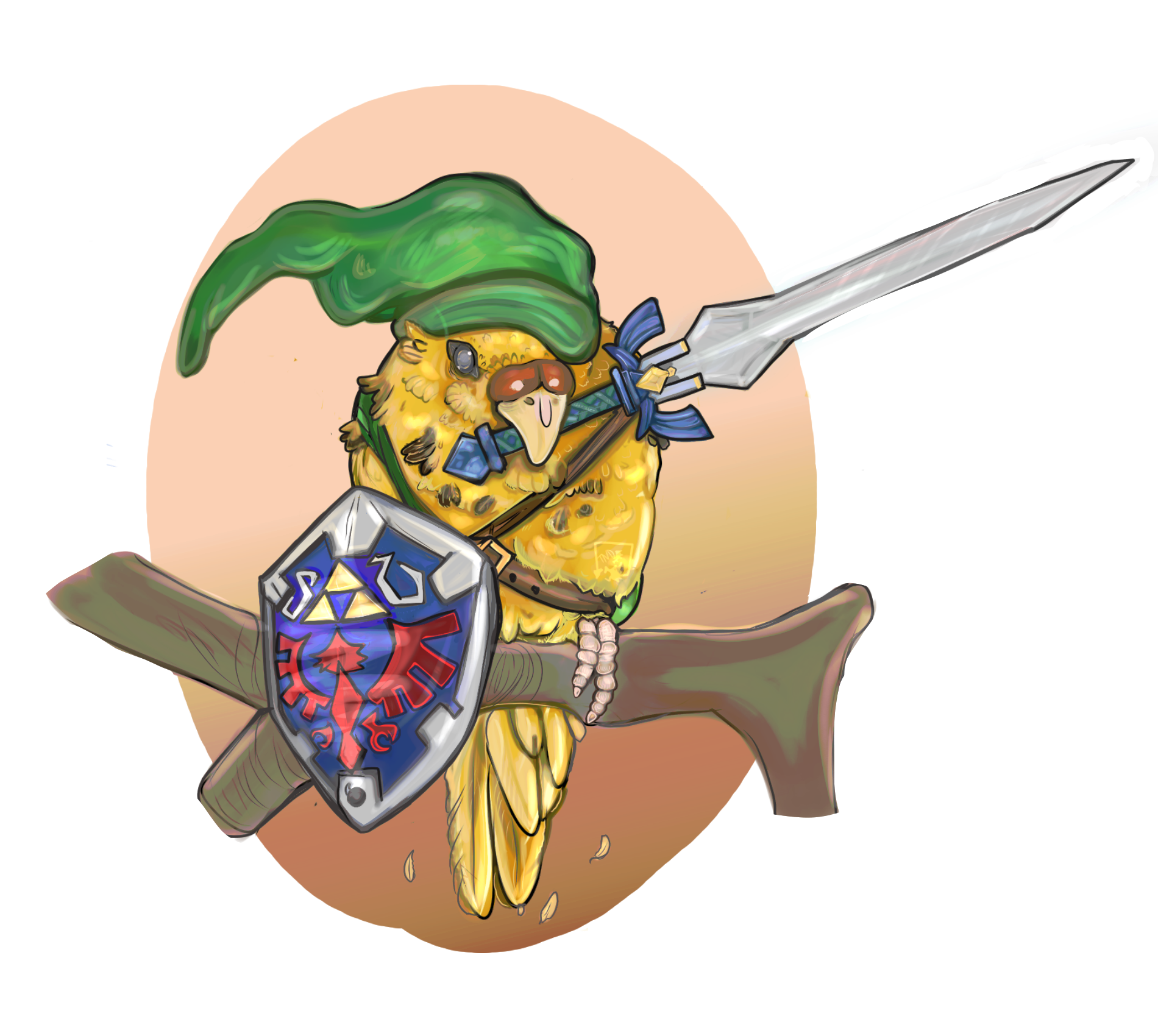 Recently got an artist's rendering of my brave birb with his namesake's equipment! He is the Hero of Seeb!