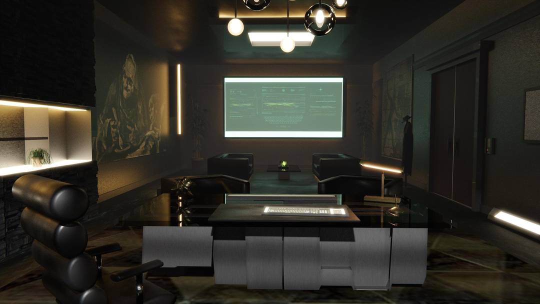 Recently started learning 3D modelling in Blender and made this 'Deus Ex' inspired office.