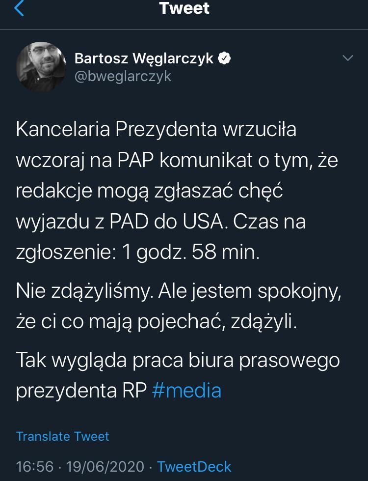 Redakcje dostały tylko 2h by zgłosić się na wyjazd z Dudą do USA
