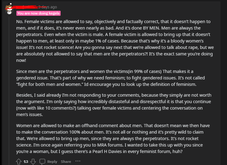 Redditor gatekeeps rape - says that when it happens to men it isn't as bad.