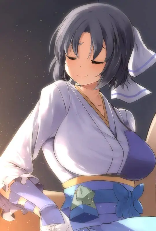 Yumi from Senran Kagura in a white and blue kimono with a yellow sash, anime art by LukyYuki