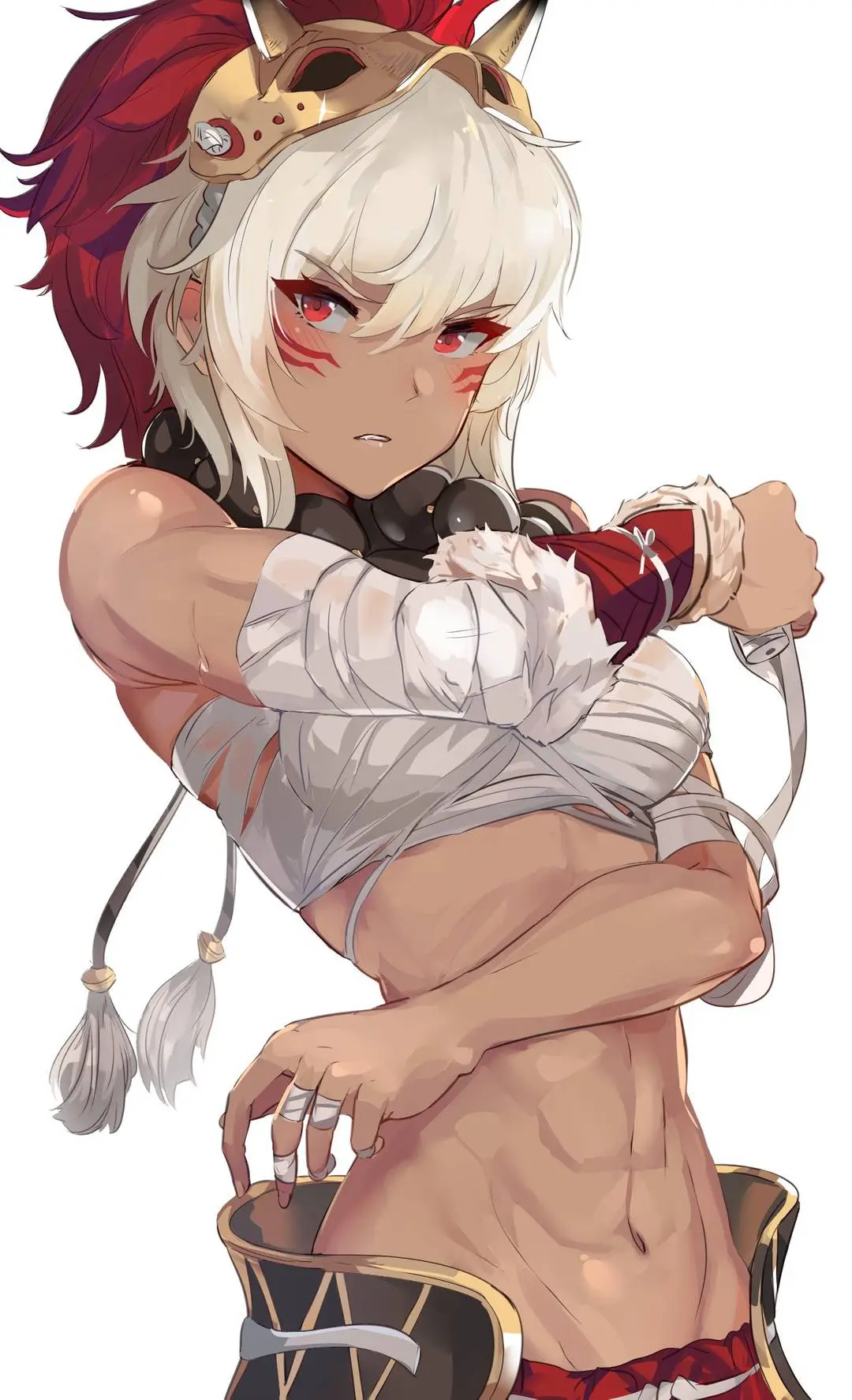 Rinkah from Fire Emblem as a muscular woman with white and red hair, wearing a mask and white bandages
