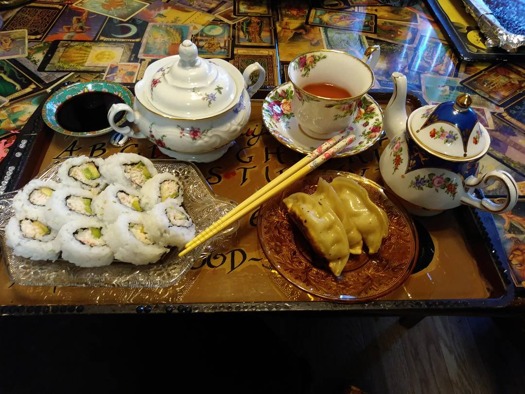 Rooibos chai tea with potstickers and sushi. A perfect compliment