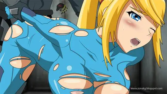 Samus Aran from Metroid in anime fan art, featuring her blonde ponytail, Zero Suit, and nude poses.