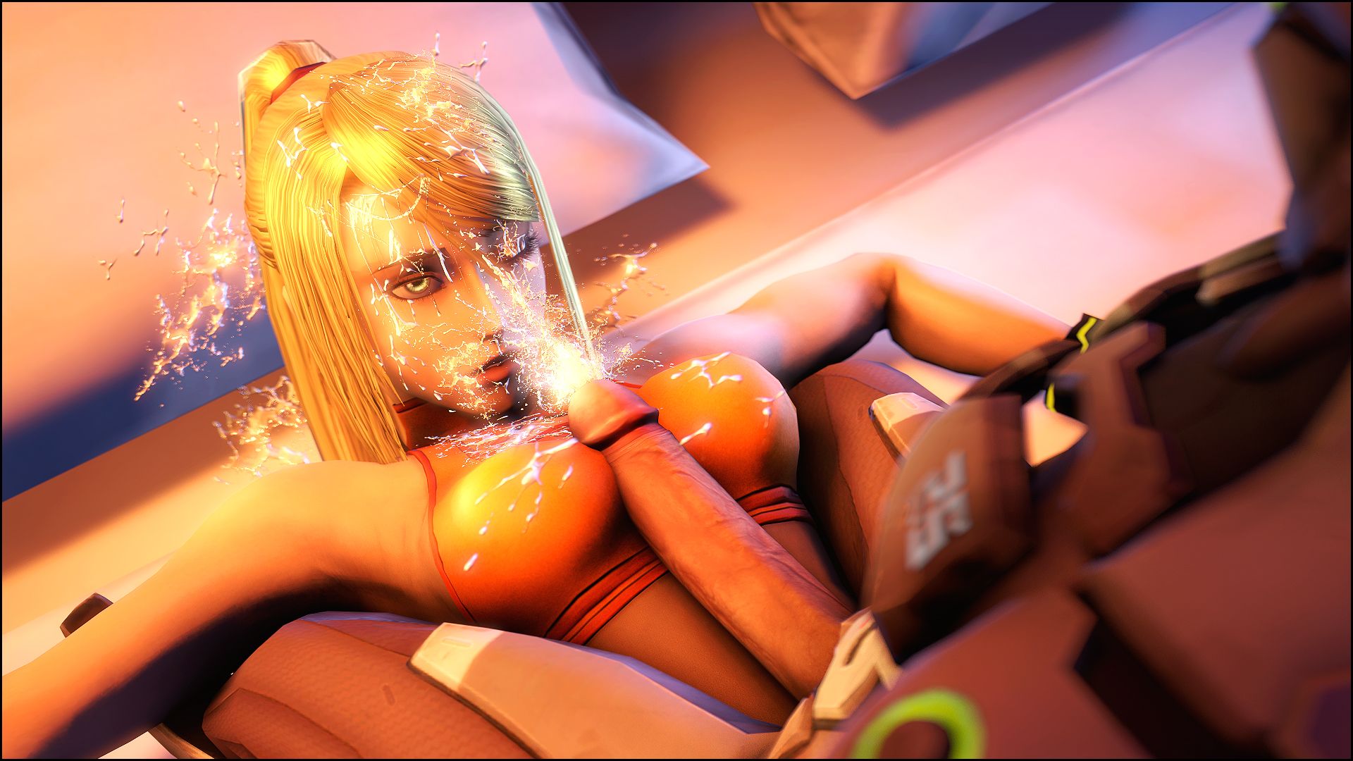 Samus Aran from Metroid in anime fan art, featuring her blonde ponytail, Zero Suit, and nude poses.
