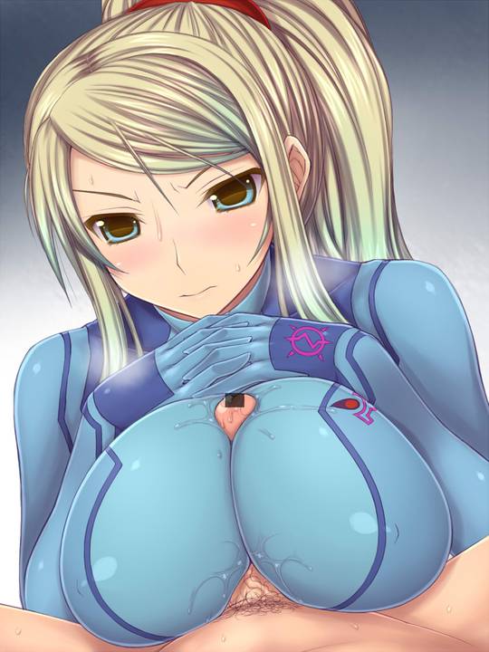 Samus Aran from Metroid in anime fan art, featuring her blonde ponytail, Zero Suit, and nude poses.
