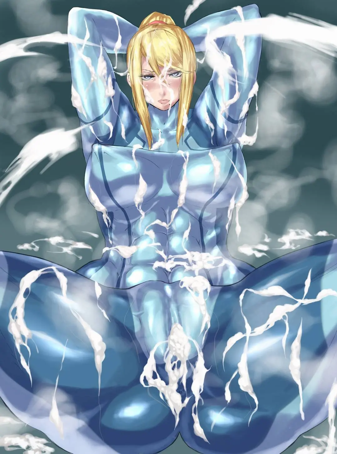 Samus Aran from Metroid in anime fan art, featuring her blonde ponytail, Zero Suit, and nude poses.