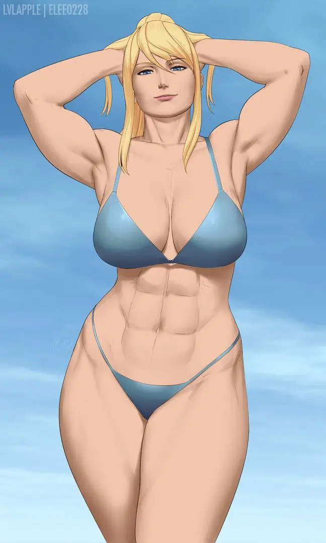 Samus Aran from Metroid in anime fan art, featuring her blonde ponytail, Zero Suit, and nude poses.