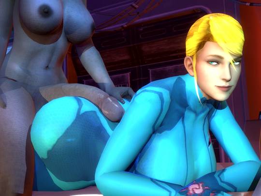Samus Aran from Metroid in anime fan art, featuring her blonde ponytail, Zero Suit, and nude poses.