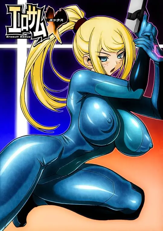 Samus Aran from Metroid in anime fan art, featuring her blonde ponytail, Zero Suit, and nude poses.