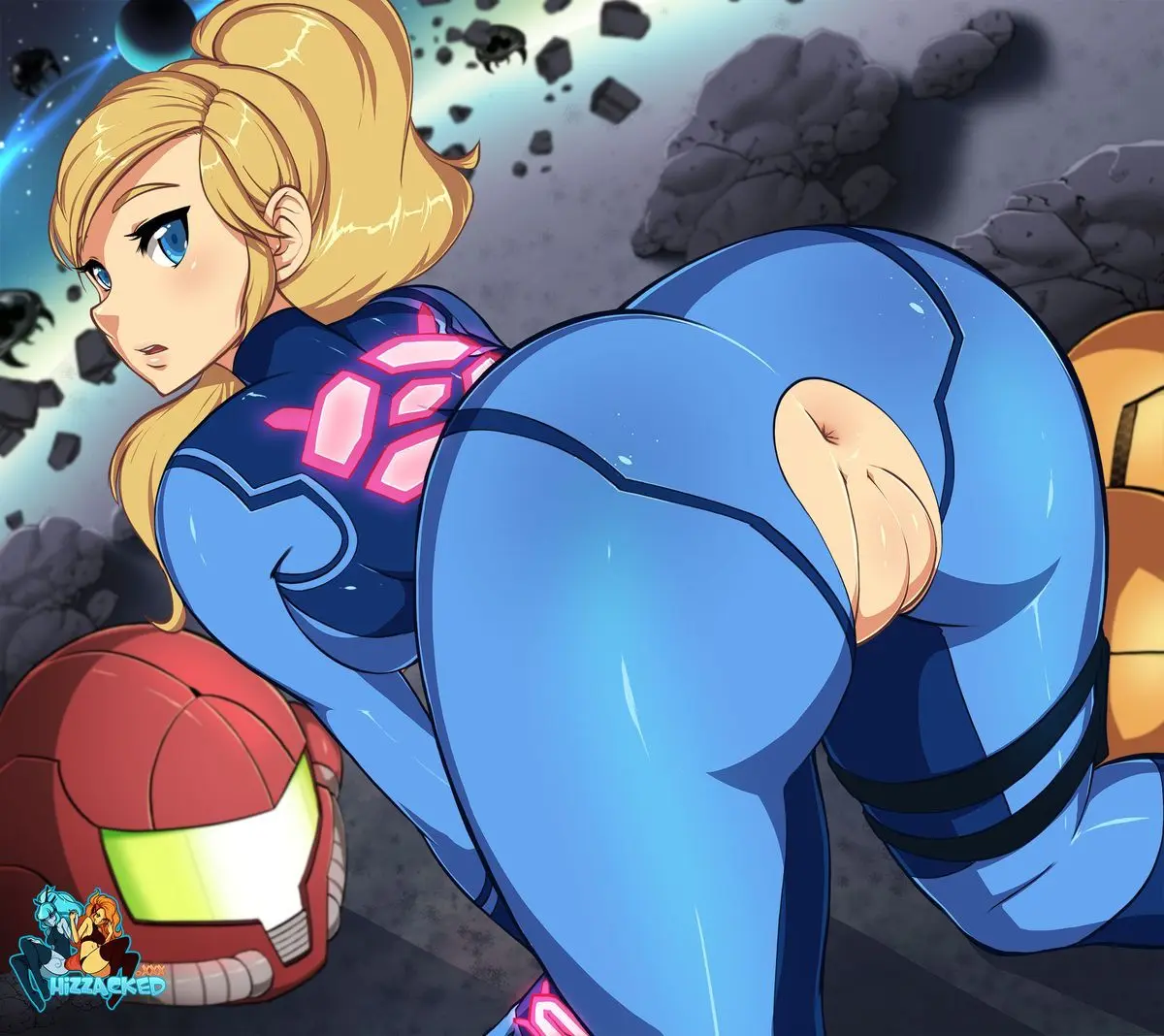 Samus Aran from Metroid in anime fan art, featuring her blonde ponytail, Zero Suit, and nude poses.
