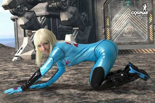 Mea Lee as Samus Aran from Metroid in a shiny blue bodysuit and black boots