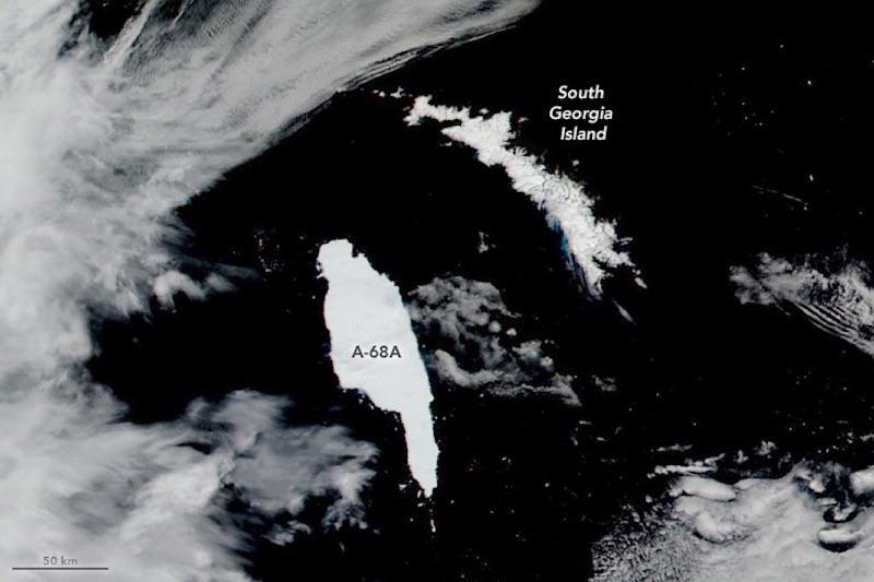 Satellite photo of the largest iceberg in the world next to the 165 km long South Georgia island