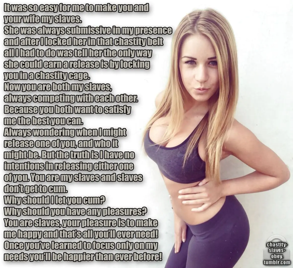 Femdom foot fetish and male chastity captions featuring brunette and redhead women in various outfits