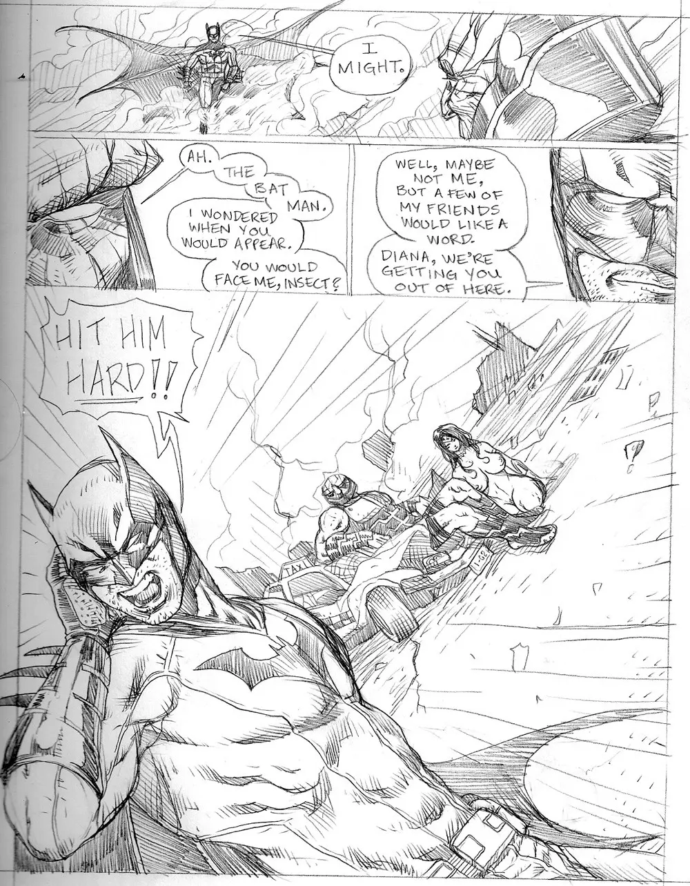 Power Girl and Batman fighting Darkseid in a ruined city, ending in Power Girl's capture and titfuck.