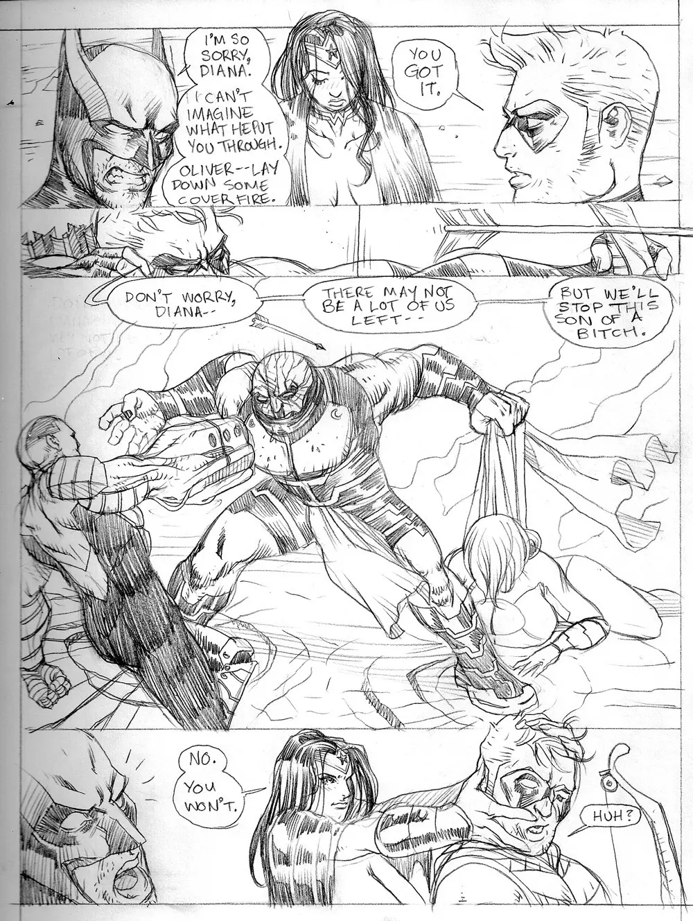Power Girl and Batman fighting Darkseid in a ruined city, ending in Power Girl's capture and titfuck.
