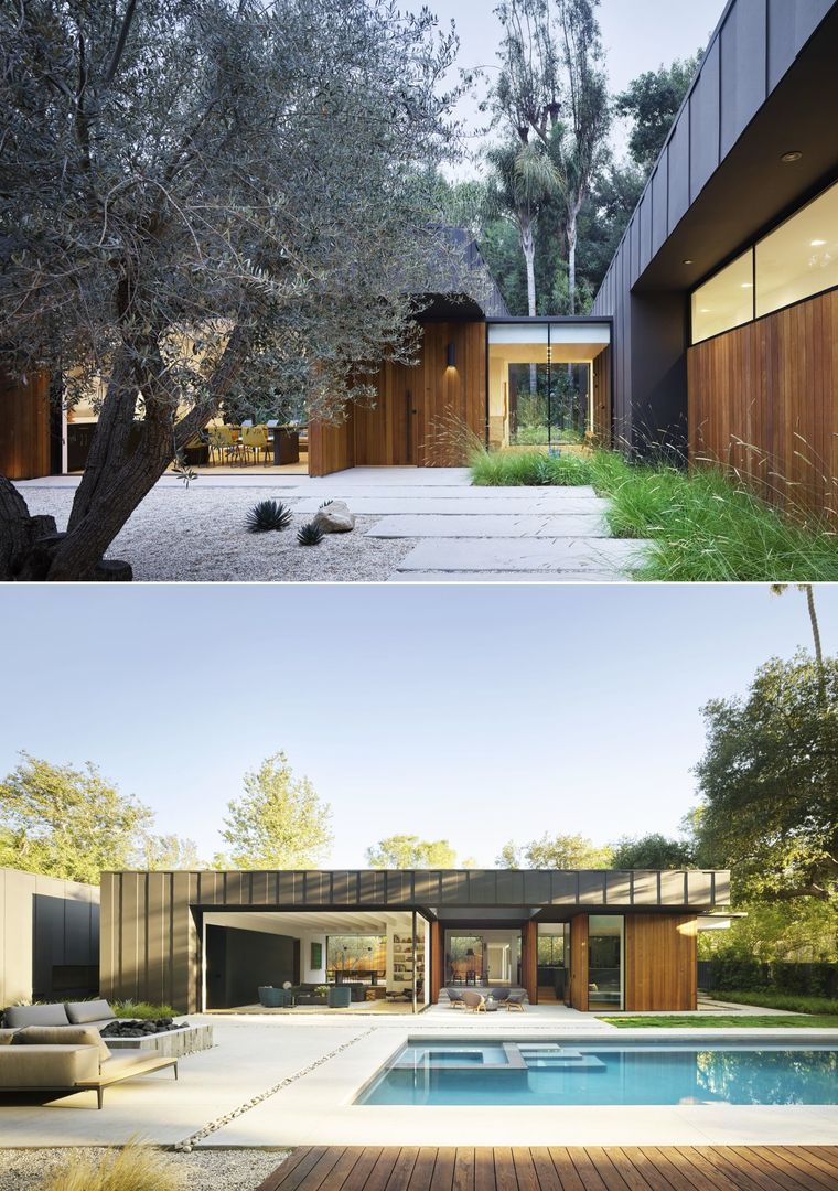 Single-story residence composed of three pavilions connected by a series of glass hallways, Los Angeles, California by Assembledge+ (Photo: Matthew Millman)