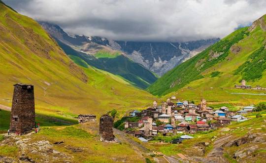 Small village with defensive towers between houses built in 8th century (Svaneti, Georgia)
