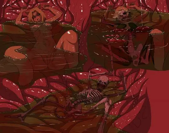 Neko cat girls in a soft vore and graphic digestion scenario within a fleshy organic environment