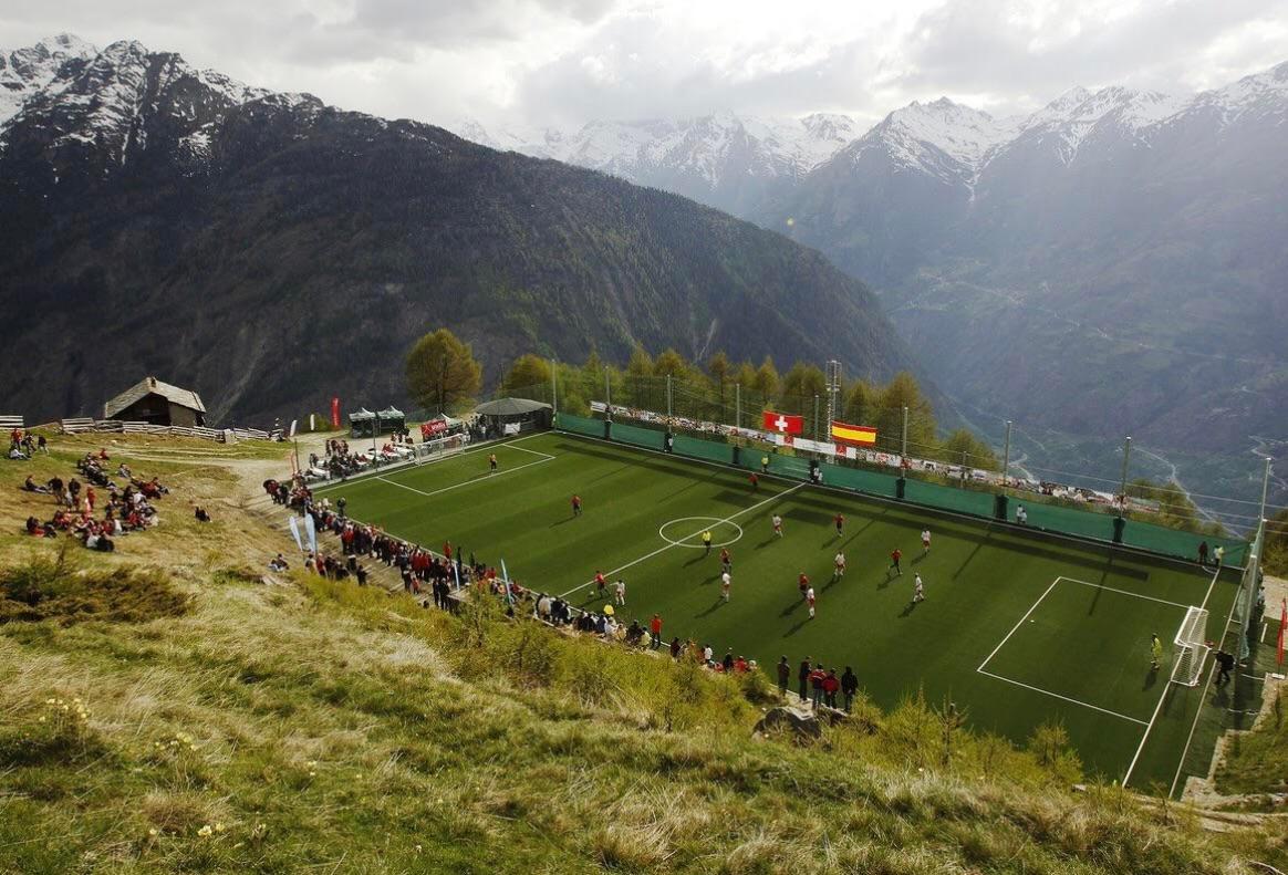 Someone posted a cool football field in Greenland, someone else posted one in Norway, so here’s one from the Swiss Alps!