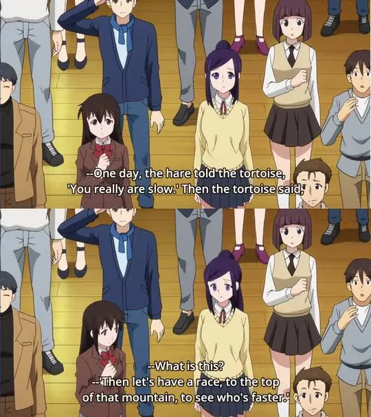 Anime girls with purple hair and school uniforms reacting to Plunderer in a group.