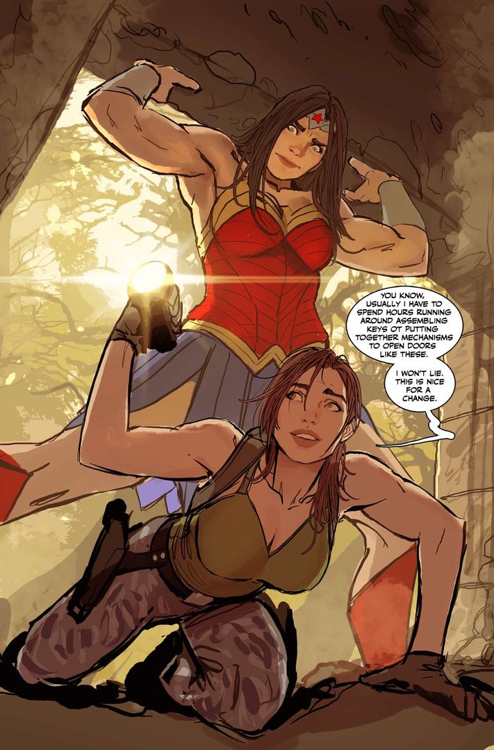 Stjepan Sejic's amazing old fanart of Wonder Woman and Lara Croft, making sure to show Diana's physical strength